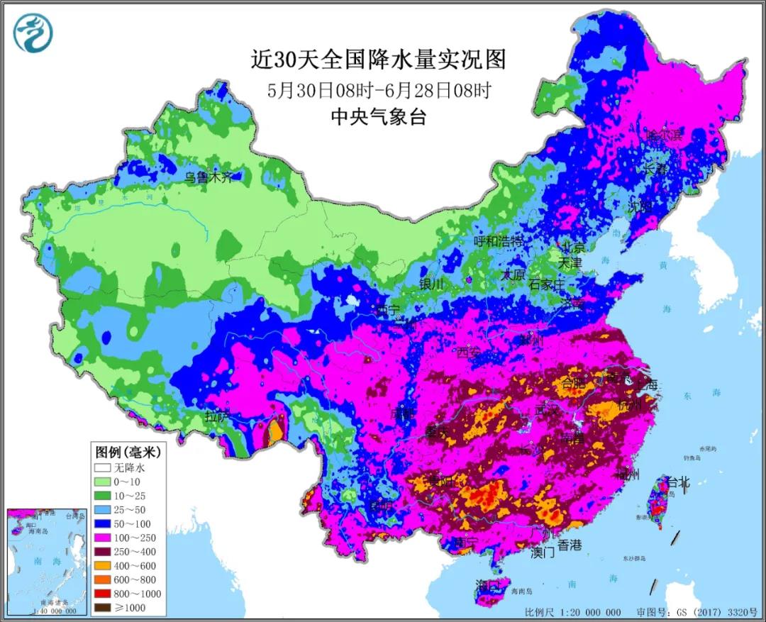 ▲圖為近30天全國(guó)降水實(shí)況圖。來源：中央氣象臺(tái)